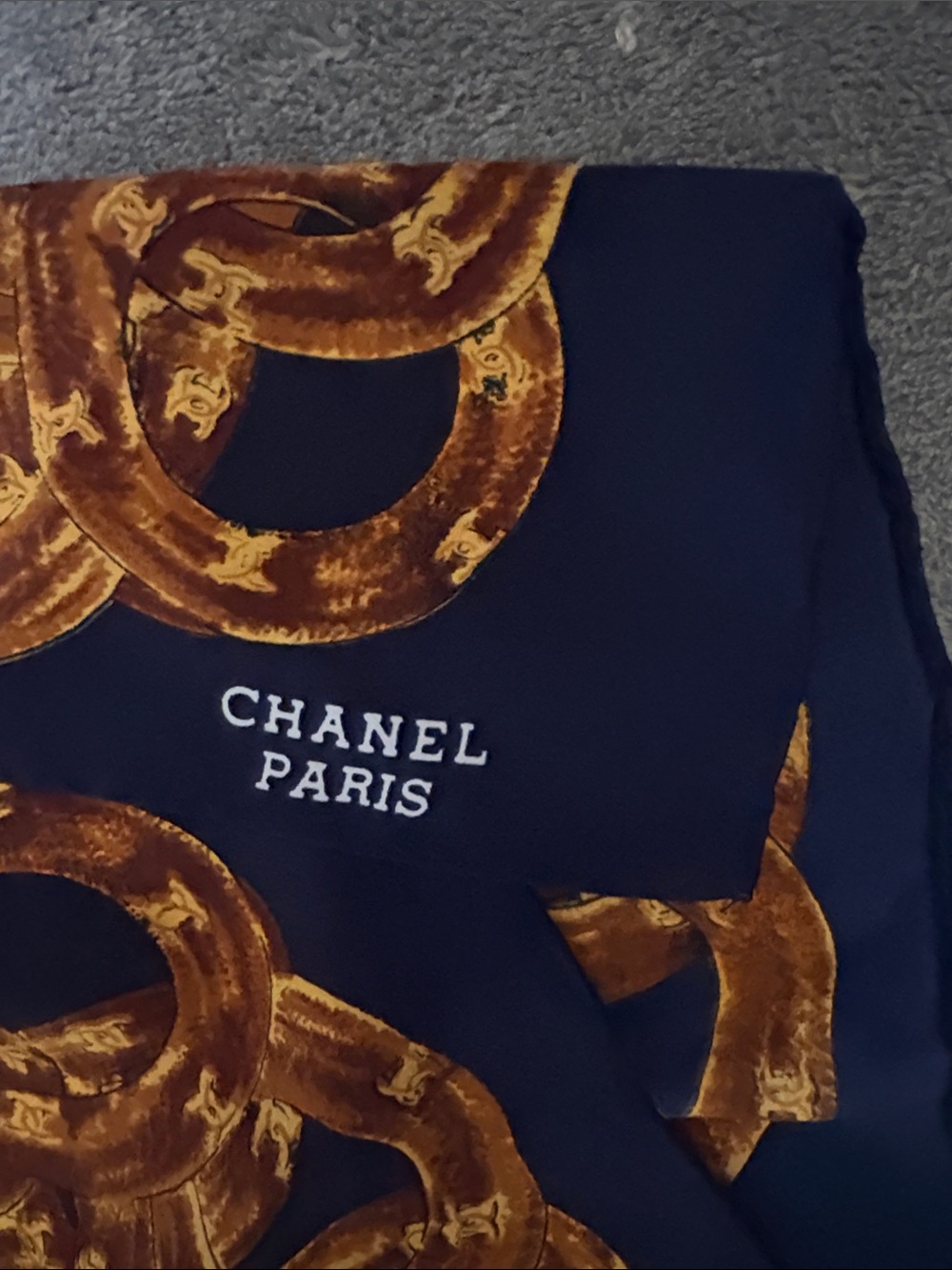 CHANEL Navy Blue and Gold Interlocking Ring Silk Scarf